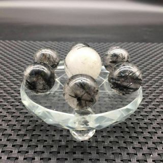 Polished Natural 7 Star Array Black Tourmaline Quartz Crystal Sphere Ball,  Stand