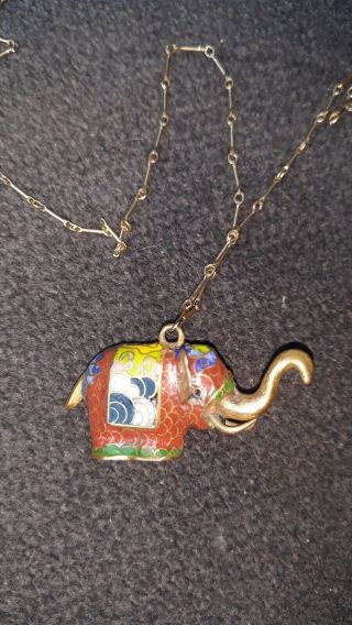 Vtg Chinese Enamel Cloisonne Elephant Pendant Trunk Up 14k G.  F Necklace 24 In