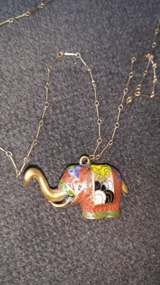Vtg Chinese Enamel Cloisonne Elephant Pendant Trunk Up 14k G.  F Necklace 24 in 2