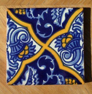 10 Talavera Mexican Pottery Tile 4 " X 4 " Border Liner Cobalt Blue Gold Off White