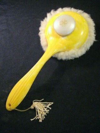 Vintage Avon Fluff Puff Powder Dispensor Yellow Swirl Handle Tassel Useful