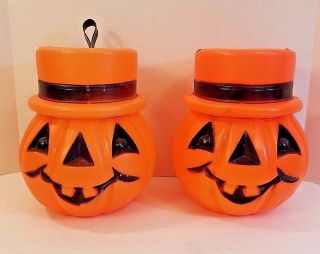 2 Vintage Plastic Blow Mold Halloween Decorations - Jack O Lanterns / Pumpkins