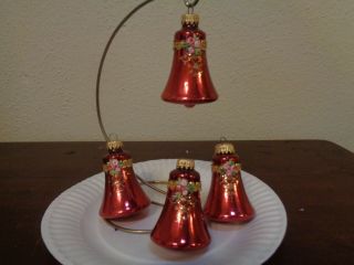 Christmas By Krebs Glass Hand Decorated Bells Ornament Roses Ribbon Set Of 4 Usa