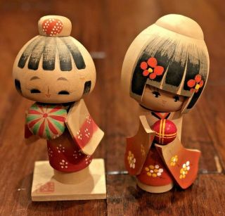 Kokeshi Japanese Vintage Wood Girl Doll Set Of Two Signed Wooden Painted H3