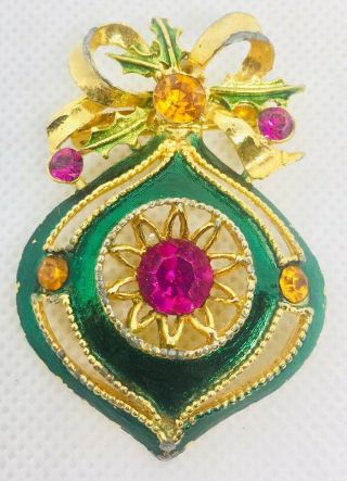 Large Jeweled Christmas Ornament Brooch Enamel Rhinestones Vintage Jewelry