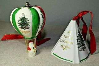 2 Spode Christmas Tree Ornaments Sants Hot Air Balloon & 4 Sided Pyramid England
