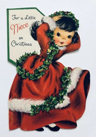 Vintage Hallmark Die Cut Christmas Card Pretty Girl Red Dress Flocked Fur Holly
