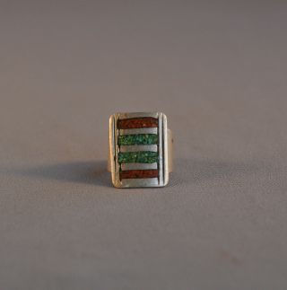 Old Vintage Navajo Silver Ring - Turquoise & Coral Chip Inlay - Size 9