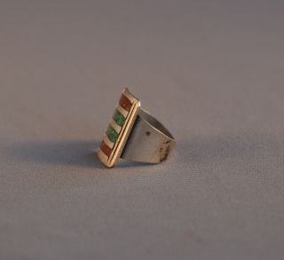 OLD VINTAGE NAVAJO SILVER RING - TURQUOISE & CORAL CHIP INLAY - SIZE 9 2