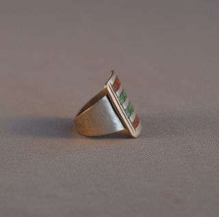 OLD VINTAGE NAVAJO SILVER RING - TURQUOISE & CORAL CHIP INLAY - SIZE 9 3