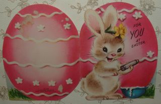 - Dbl.  Sided - M.  Cooper - Bunny,  Pink Easter Egg - 1949 Rust Craft Card
