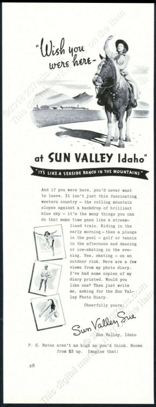 1940 Sun Valley Ski Area Sun Valley Sue Woman On Horse Photo Vintage Print Ad