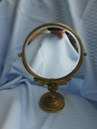 Vtg.  Gold Tone Swivel Standing Vanity Dresser Beveled Mirror 2 Sided Magnifying