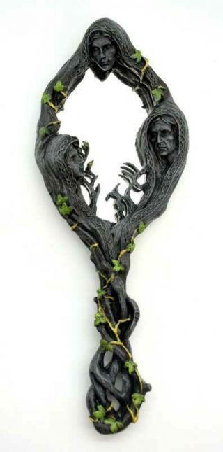 3 Maiden Mother Crone Hand Mirror 12,  " Black Grey Ivy Tree Triple Goddess Vanity