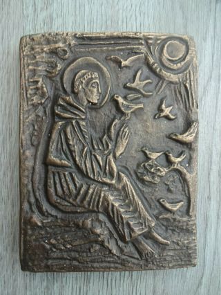 Solid Vtg German Bronze Plaque St.  Francis Of Asisi By Sculptress Eva Limberg