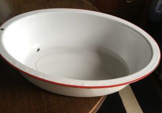 Vtg.  18 " X 14” X 5 " Porcelain Enamel White Oval Wash Tub Basin Bowl W/red Trim.