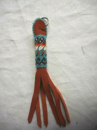 Navajo Indian Bead Work Key Chain Teal Blue Leather Metal Ring Native American
