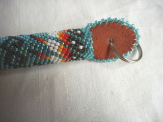 Navajo Indian Bead work Key Chain Teal Blue Leather Metal Ring Native American 2