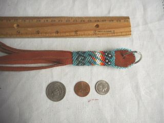 Navajo Indian Bead work Key Chain Teal Blue Leather Metal Ring Native American 3