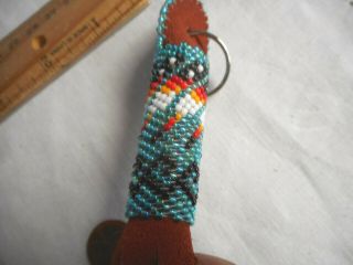 Navajo Indian Bead work Key Chain Teal Blue Leather Metal Ring Native American 4