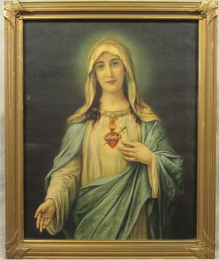 Vintage Sacred Heart Of Mary Framed Religious Print 23 " Tall
