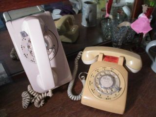 2 Vintage Powder Pink & Beige Rotary Dial Wall & Desk Phone Telephone Estate Nr