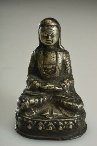 Small Antique Chinese Bronze Silverplate Buddha Statue 11cm 4.  5 "