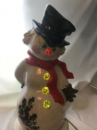 Vintage Lighted Ceramic Snowman - Hand Painted Mold - Retro Christmas 11”h