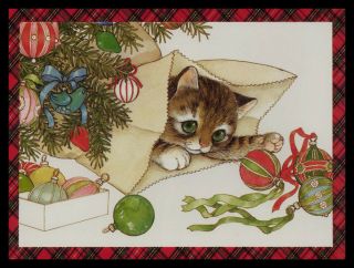 001 - Auc Cat Kitten Christmas Embossed Greeting Card Vintage