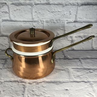 Vintage Bain - Marie Copper & Brass Double Boiler Pot W/ Porcelain Insert