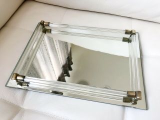 Vintage Mirror Vanity Perfume Dresser Tray With Glass & Brass Rods Rails 8x11”