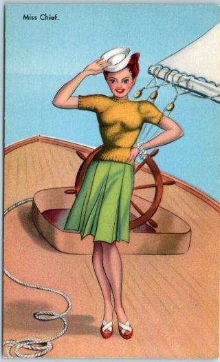 Vintage Pin - Up Girl Postcard " Miss Chief " Girl On Ship Made In Canada C1940s