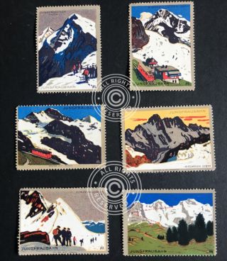 Rare 1900 Swiss Alps Poster Stamps 6 Jungfrau Railway Hikers Emil Cardinaux?