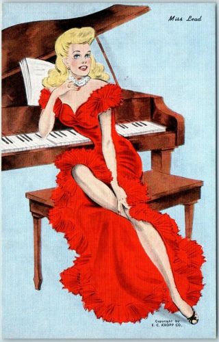 Vintage Pin - Up Girl Postcard " Miss Lead " Girl At Piano Kropp Linen C1940s