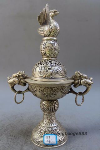 Chinese Miao Silver Hand - Carved 2 Dragon Incense Burner&peacock Lid