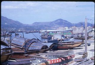 Color Slide Photo,  " Kowloon – Sampans & Floating Restaurant " Hong Kong 1962