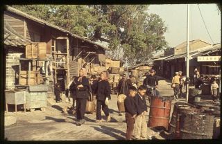 Commercial Color Slide Photo,  Busy Day In Rustic Business Area Hong Kong 1960 