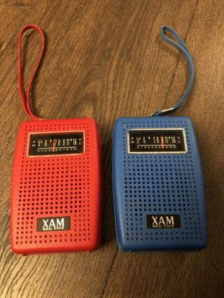 2 Very Rare Vintage Xam Solid State 10 Transistor Am Fm Radio Radios Red Blue