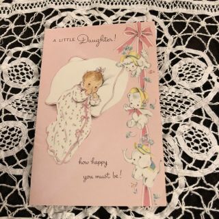 Vintage Greeting Card Baby Congrats Daughter Pink Girl Animals Norcross