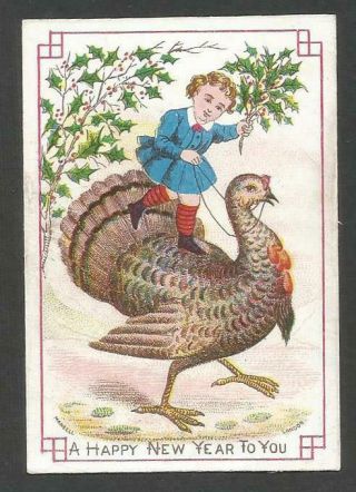 B40 - Child Riding On A Turkey - Mansell - Small Early Victorian Year Card