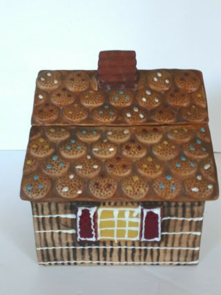 Vintage Gingerbread House Shaped Winter Holiday Ceramic Cookie Jar Hand Painted 2