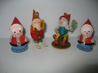 4 Vintage Pipe Cleaner Elf Dwarf Gnome Chenille Japan Christmas Ornaments