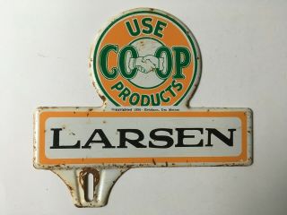 1936 Larsen Farm Co Op License Plate Topper Metal Advertising Sign Gas Oil