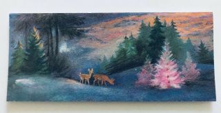 Vintage Gibson Christmas Jewel Card Pink Tree Deer Fawn Forest Snow Sunset Mcm