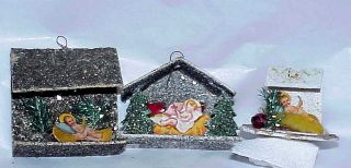 3 Mini Vintage Glitter Mica House Baby Jesus Nativity Scenes Japan Ornaments