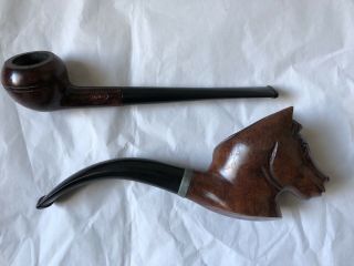 2 Vintage Pipes Carved Wood Bowl In Shape Of Horses Head