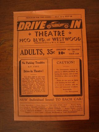Old Vintage 1936 Drive In Movie Theatre Program Los Angeles Pico Blvd & Westwood