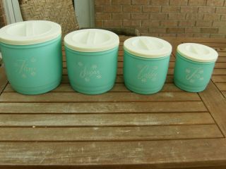 Aqua Turquoise And Cream Vintage Kitchen Canister Set Of 4 With Lids