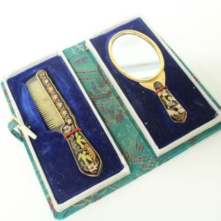 Vintage Oriental Comb & Handheld Mirror Vanity Set W/case 710
