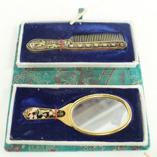 Vintage Oriental Comb & Handheld Mirror Vanity Set w/Case 710 3